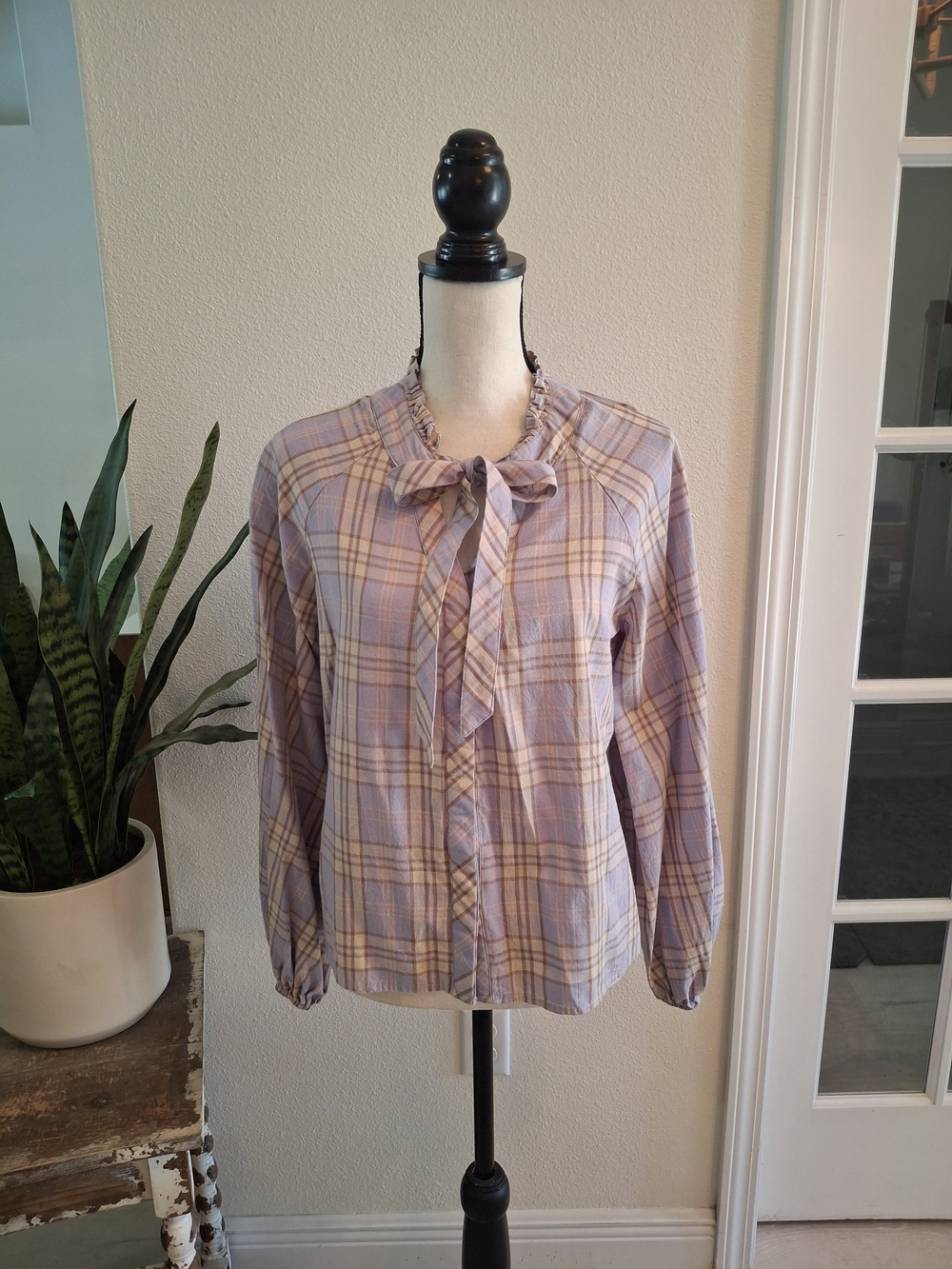 Promesa Lavender Plaid Tie-Neck Blouse
